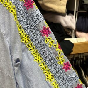 Talbots Light Blue Blouse with Pink and Yellow Embroidery